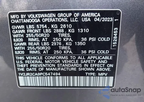 2023 Volkswagen Atlas 3.6L V6 Se W/Technology z USA, uszkodzony, nr VIN 1V2JR2CA9PC547494